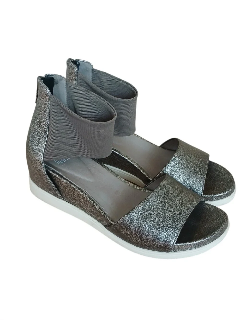EILEEN FISHER Vibe Wedge Stretch Ankle Sandals Women's 7.5 Metallic Leather Lux
